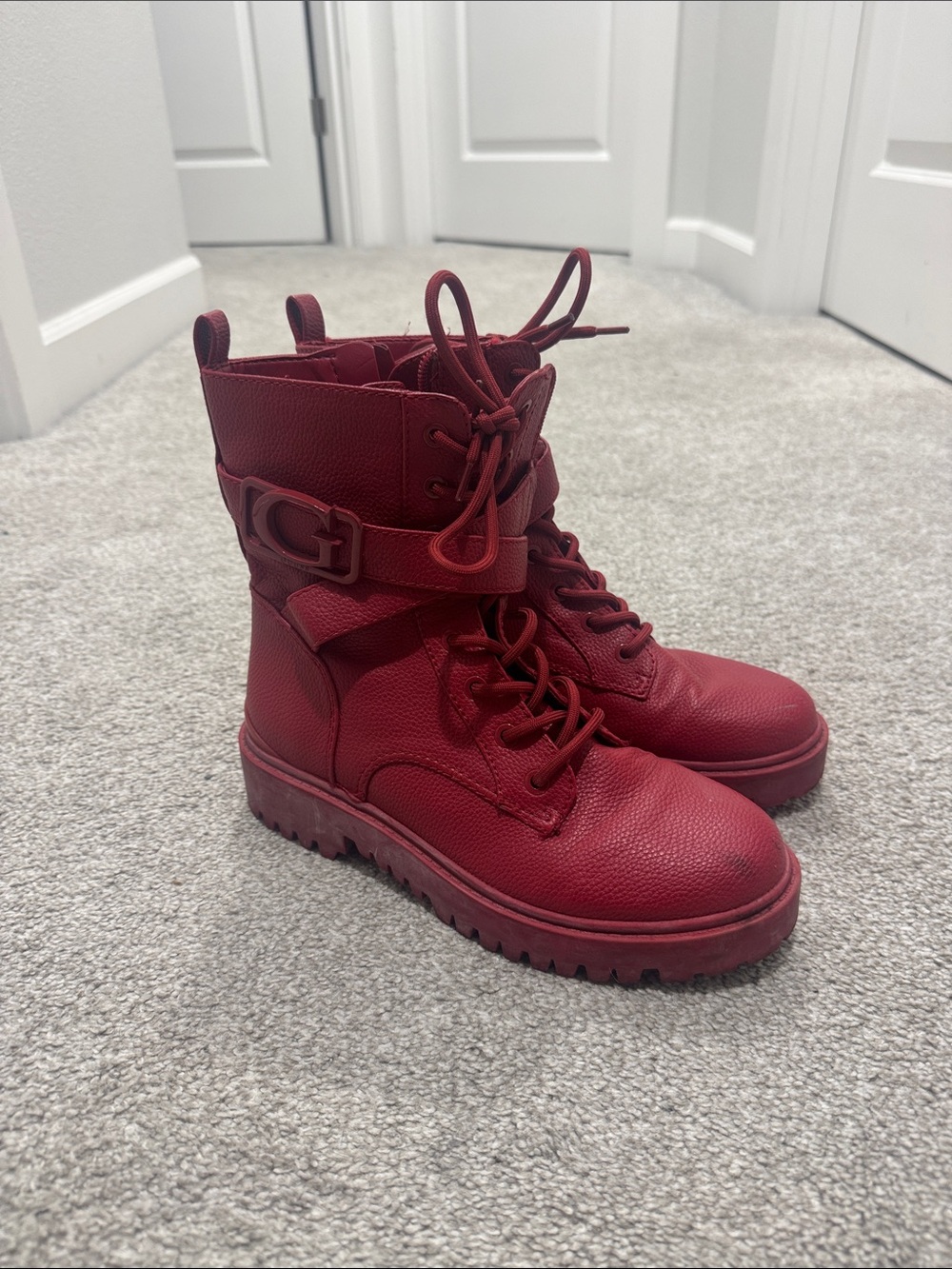 G by Guess Red Lace-Up Combat Boots with Buckle Strap